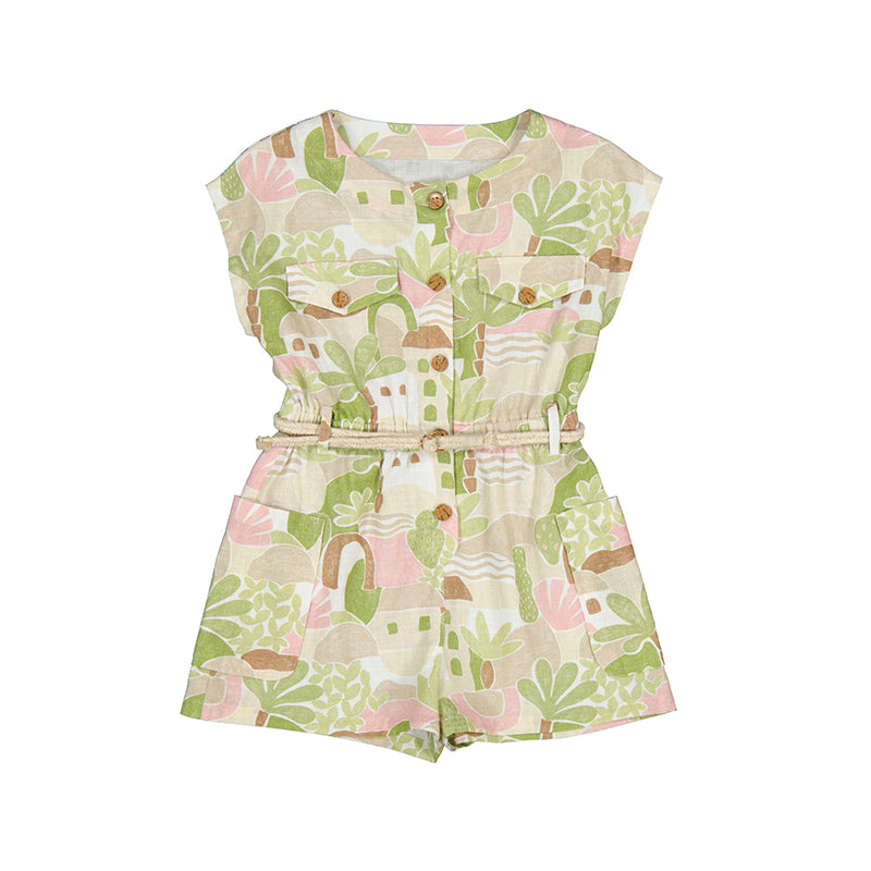 Green & Pink Button Up Belted Romper