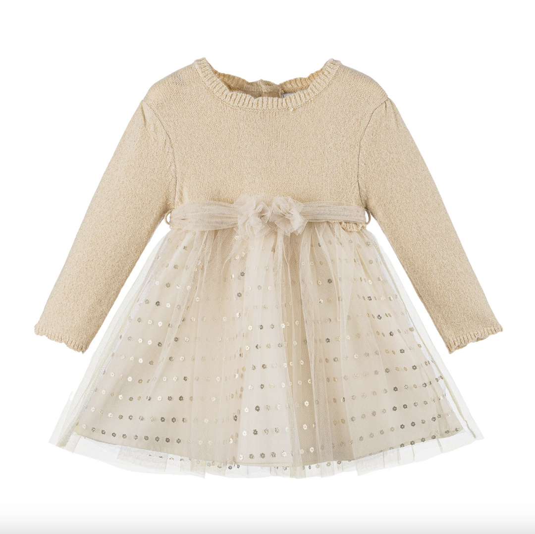 Mesh Overlay Sweater Dress - Gold