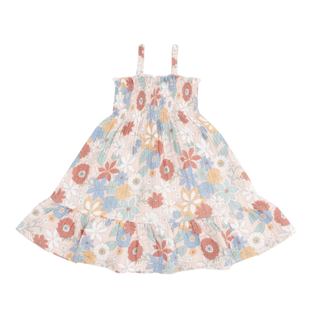 Tropical Retro Floral Tie Strap Smocked Sun Dress
