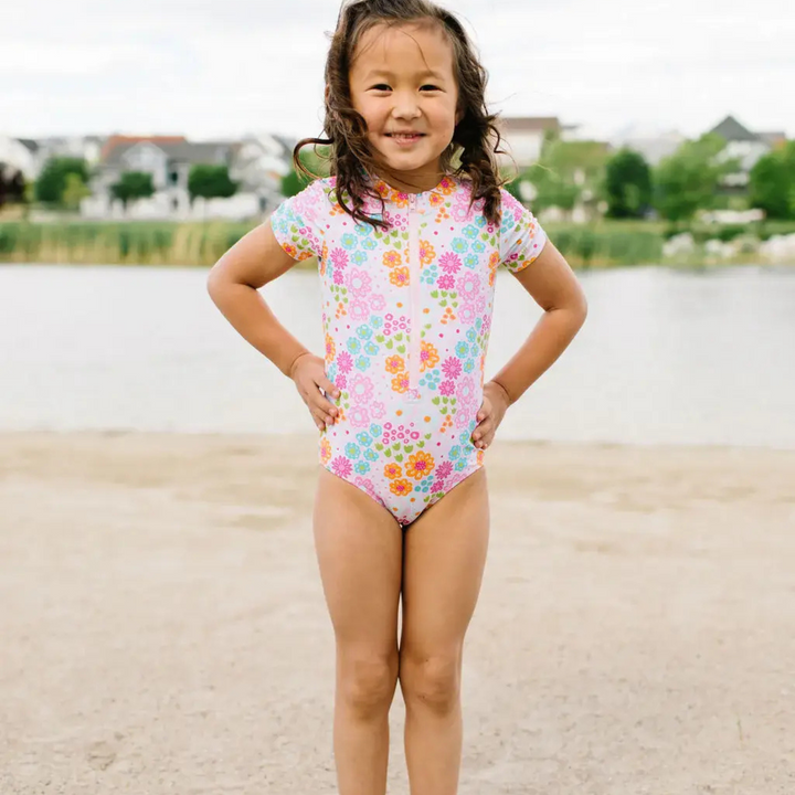 Zoey Swim in Pink Flowers | Girls UPF 50 Swimwear