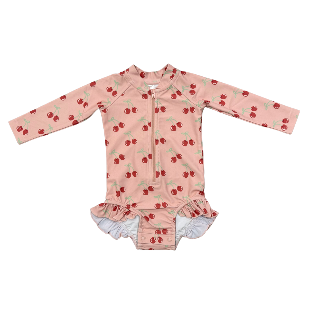 One-Piece Ruffle Rash Guard Swimsuit - Cherries