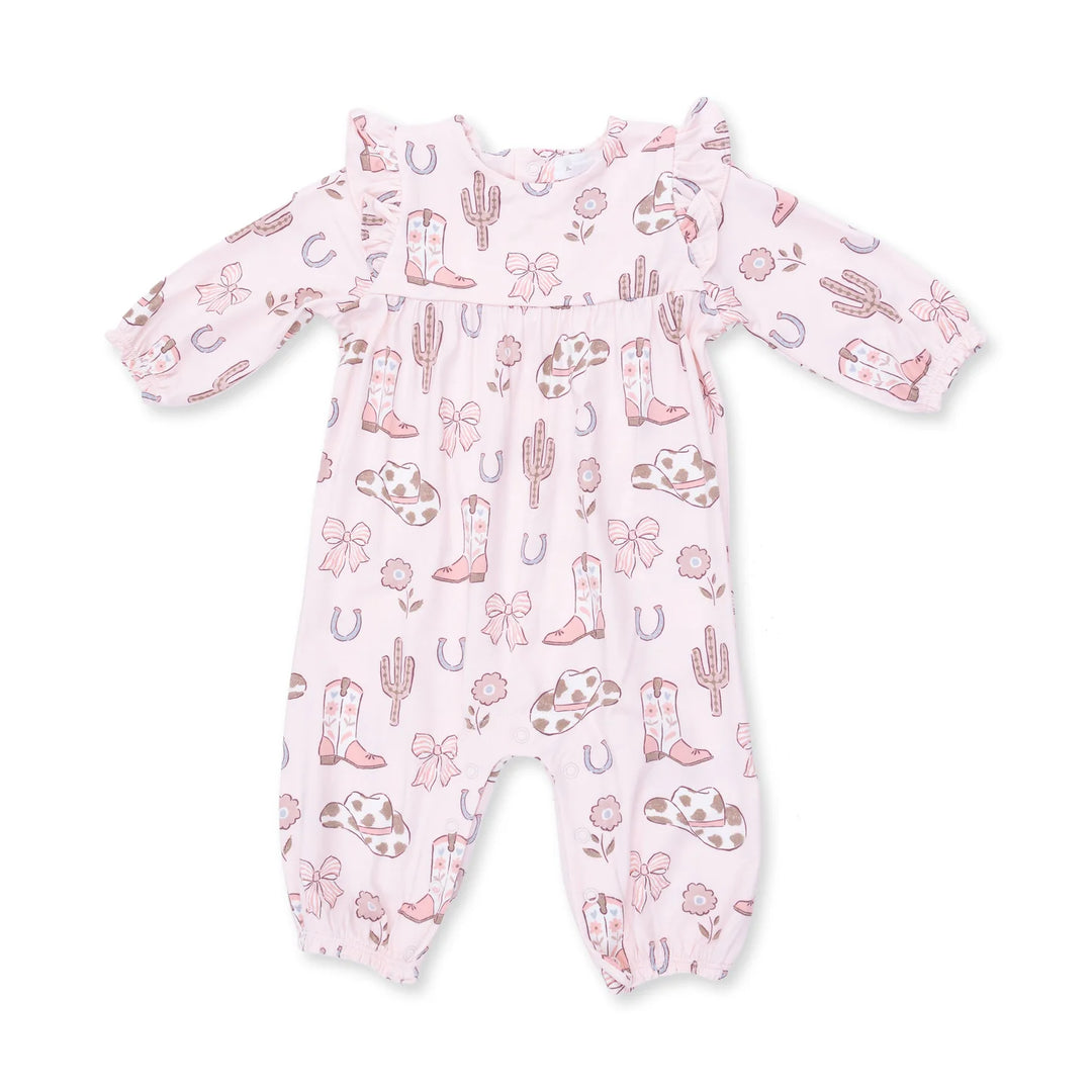Ruffle Sleeve Snap Romper - Cowgirl Boots and Bows
