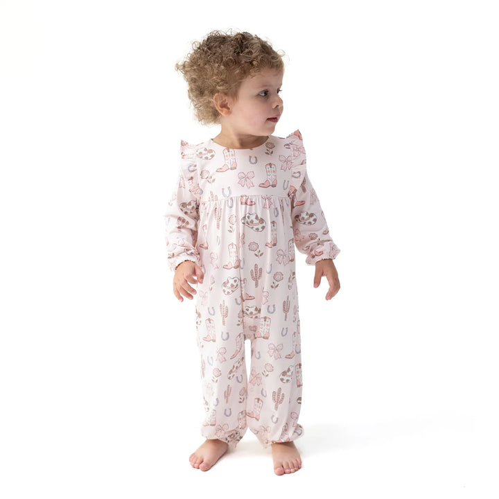 Ruffle Sleeve Snap Romper - Cowgirl Boots and Bows
