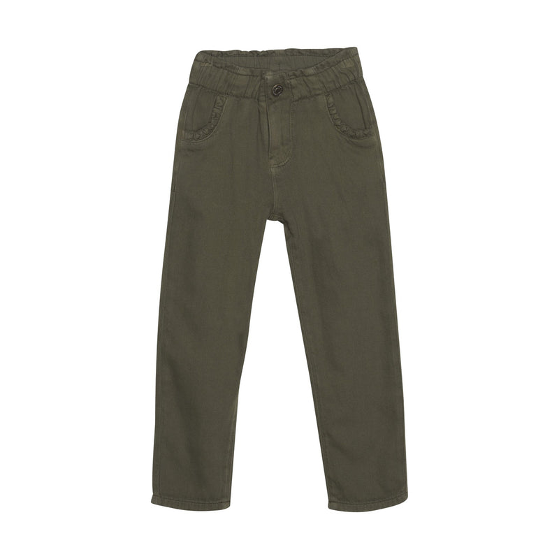 Olive Twill Pants with Ruffle Pocket