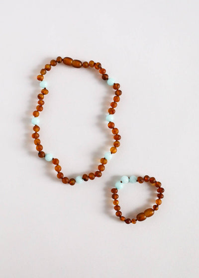 Raw Cognac Baltic Amber + Amazonite || Halo Necklace ||