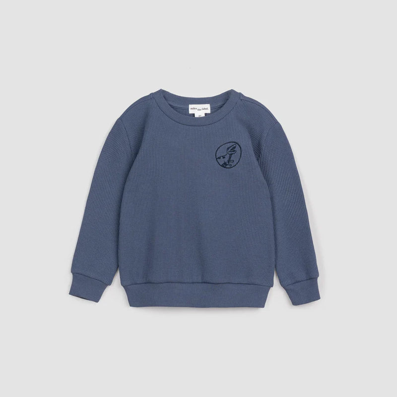 Blue Waffle Knit Embroidered Sweatshirt