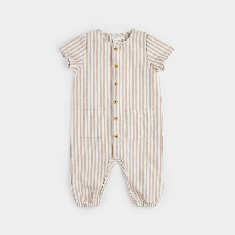 Taupe Striped Linen Playsuit