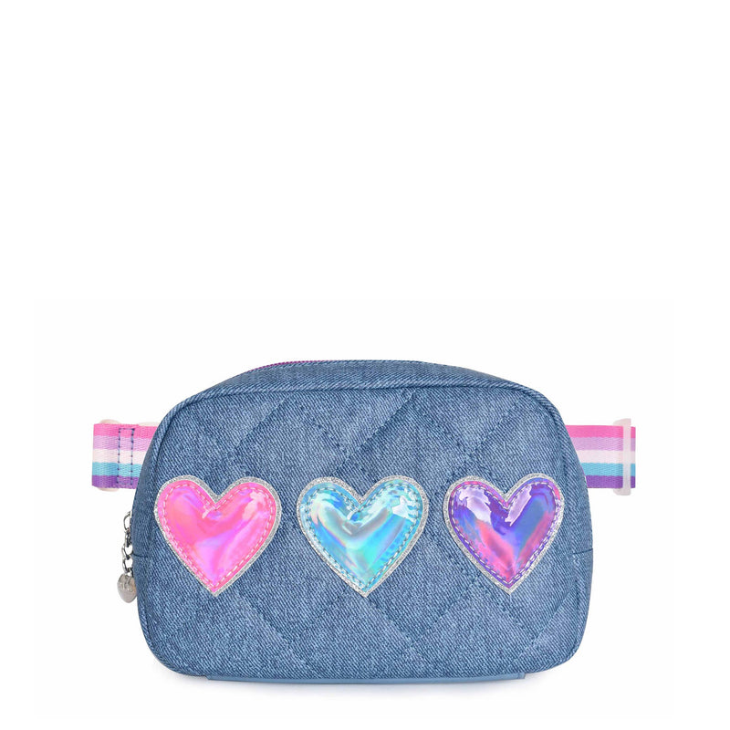 Metallic Heart-Patched Quilted Denim Fanny Pack