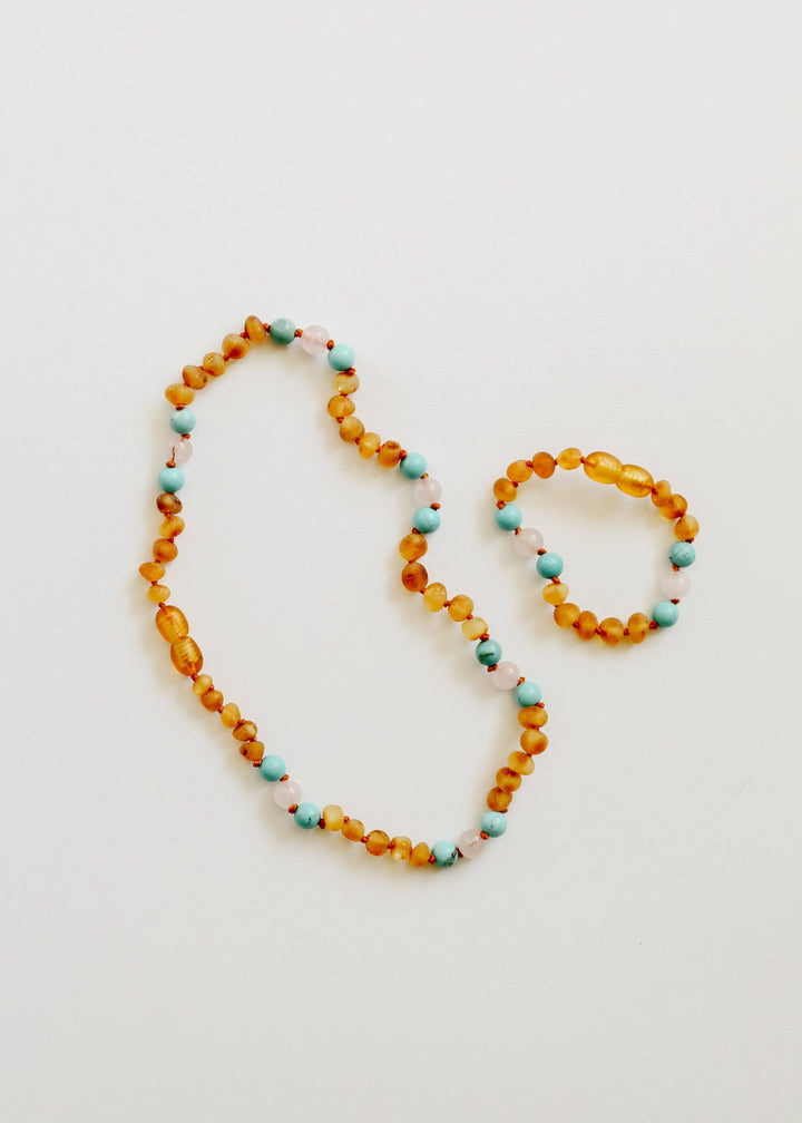 Raw Honey Baltic Amber and Natural Turquoise + Rose Quartz Necklace