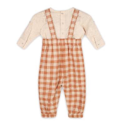 Gingham Overall & Plain Slub Shirt SET (Organic)