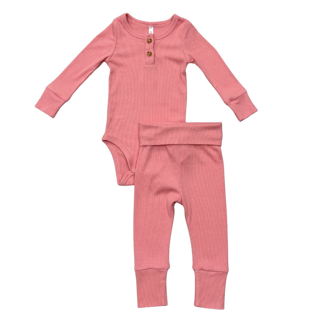 Ribbed Henley Bodysuit Set - Rose