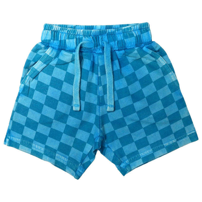 French Terry Drawstring Shorts - Checkered Turquoise