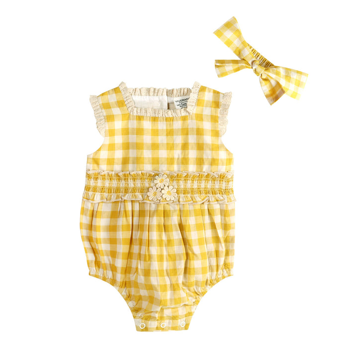 Lucy Gingham Smocked Romper + Headband