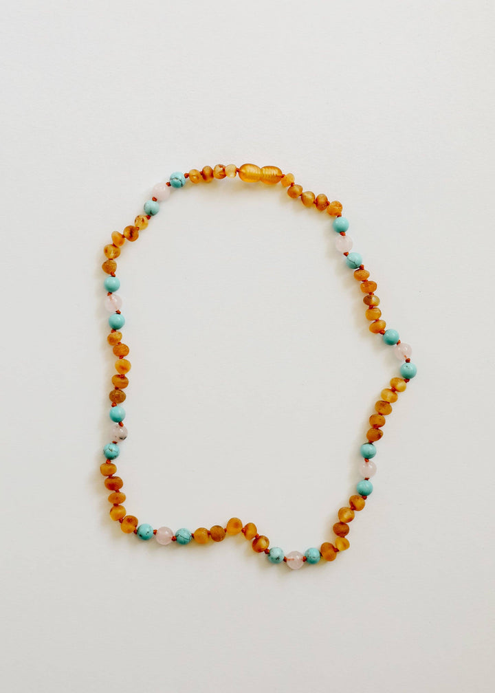 Raw Honey Baltic Amber and Natural Turquoise + Rose Quartz Necklace