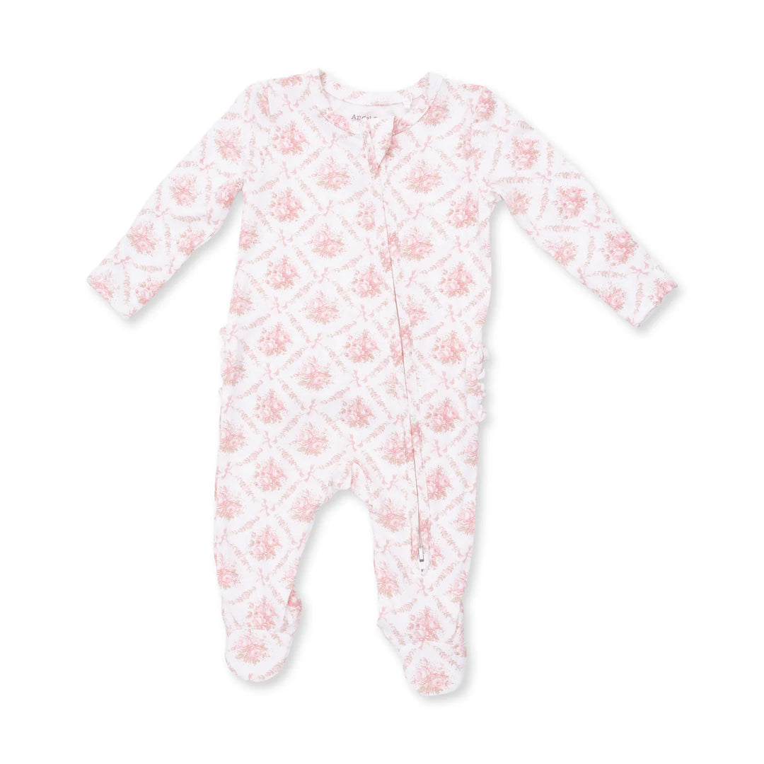 2-Way Ruffle Zipper Footie - Rose Bow Lattice