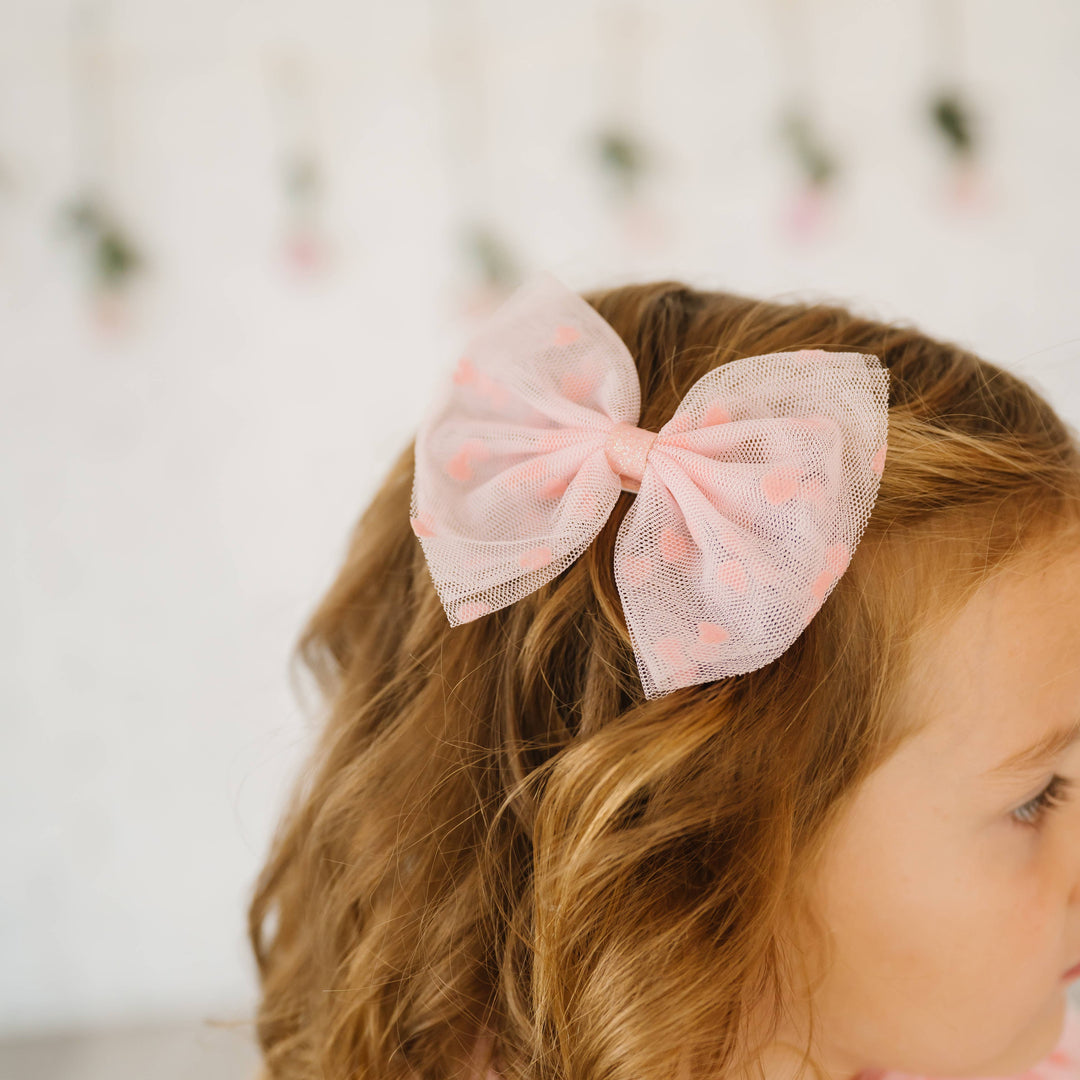 Flocked Heart  Tulle Bow Clip