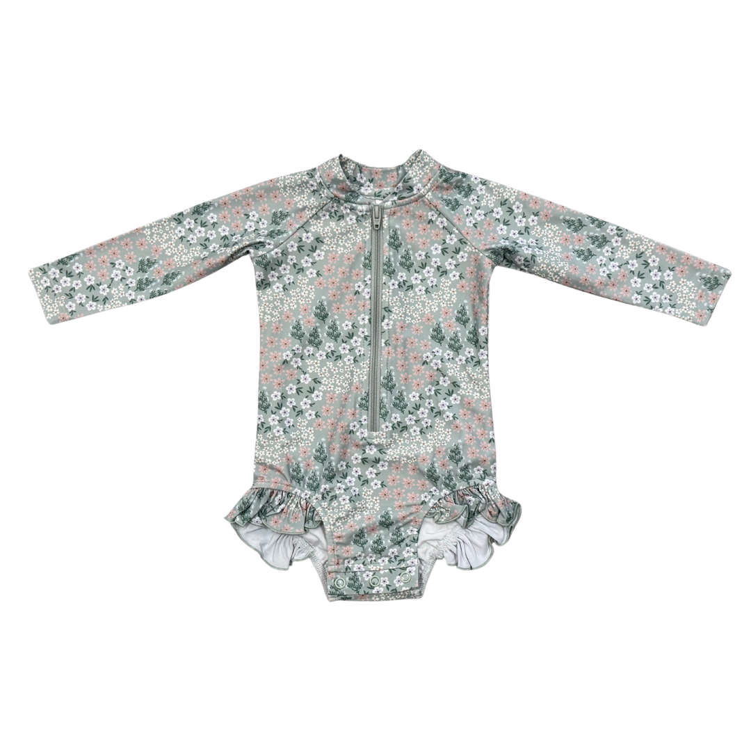 One-Piece Ruffle Rash Guard Swimsuit - Aqua Grey Floral