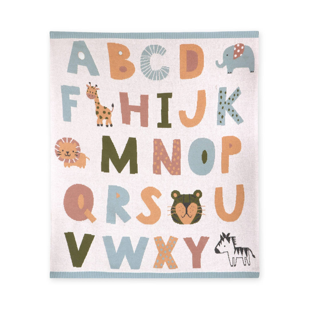 Organic Jacquard Sweater Knit Baby Blanket - Blue Alphabet
