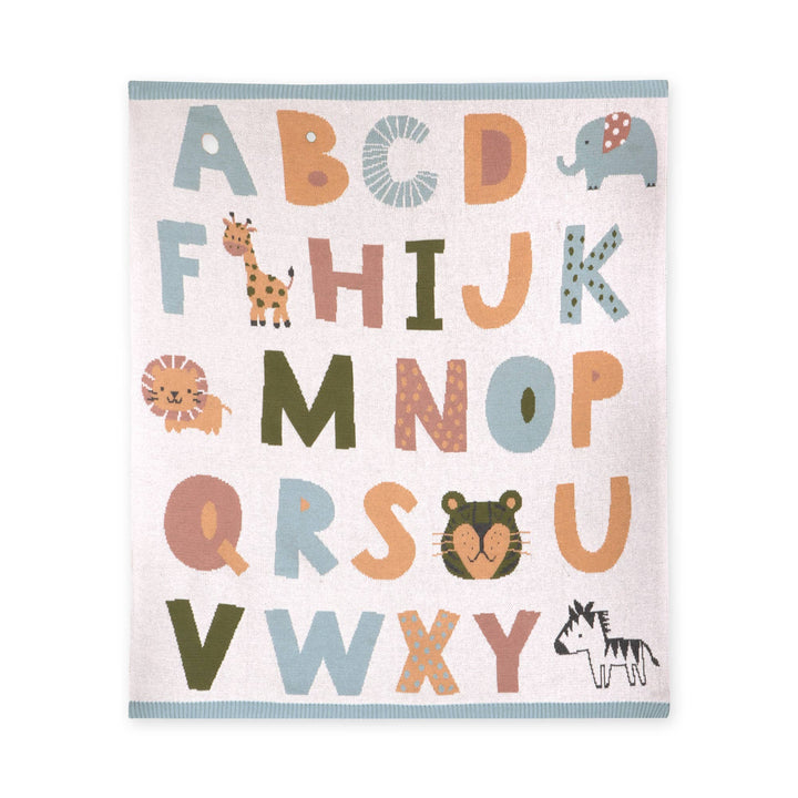 Organic Jacquard Sweater Knit Baby Blanket - Blue Alphabet