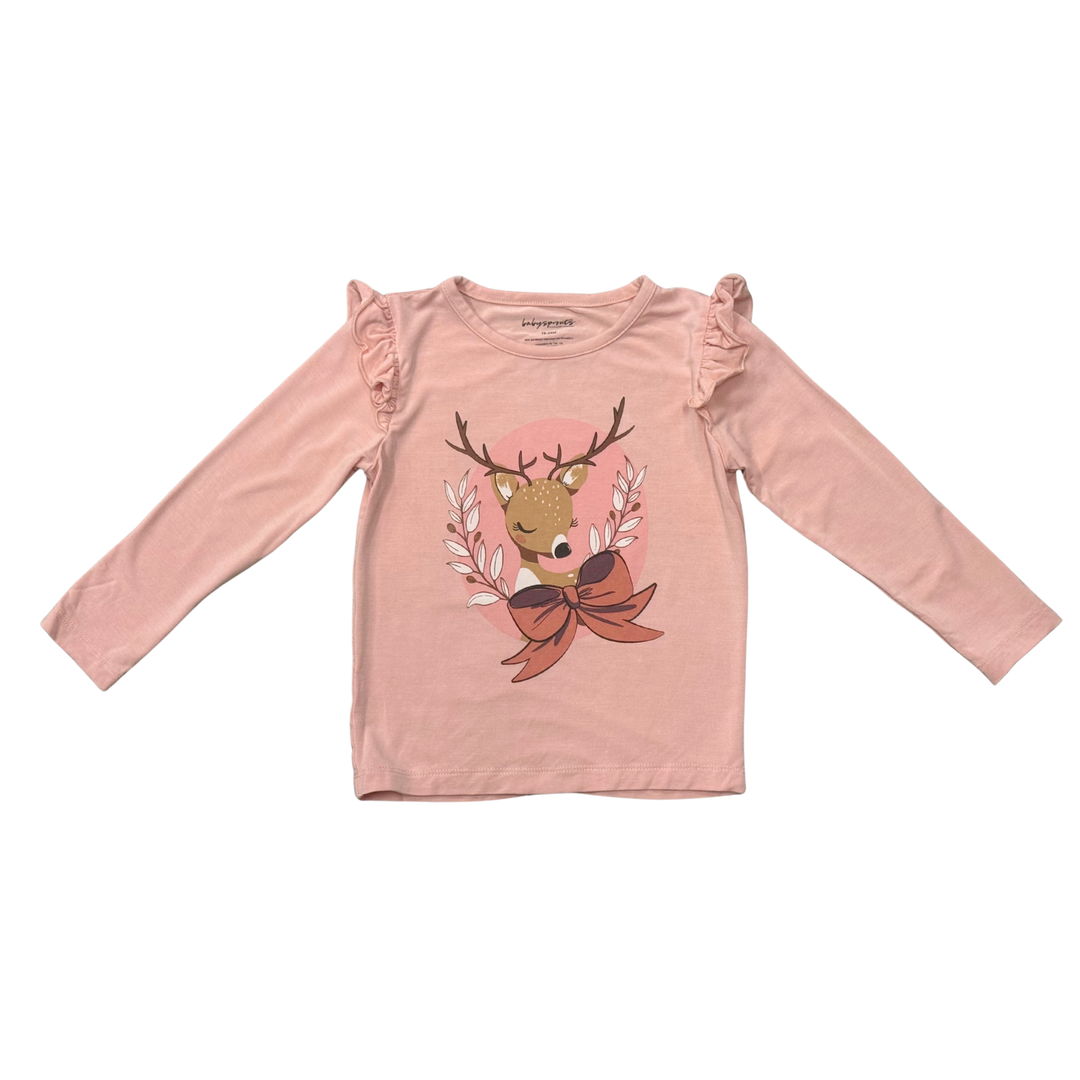 Long Sleeve Ruffle Top - Reindeer