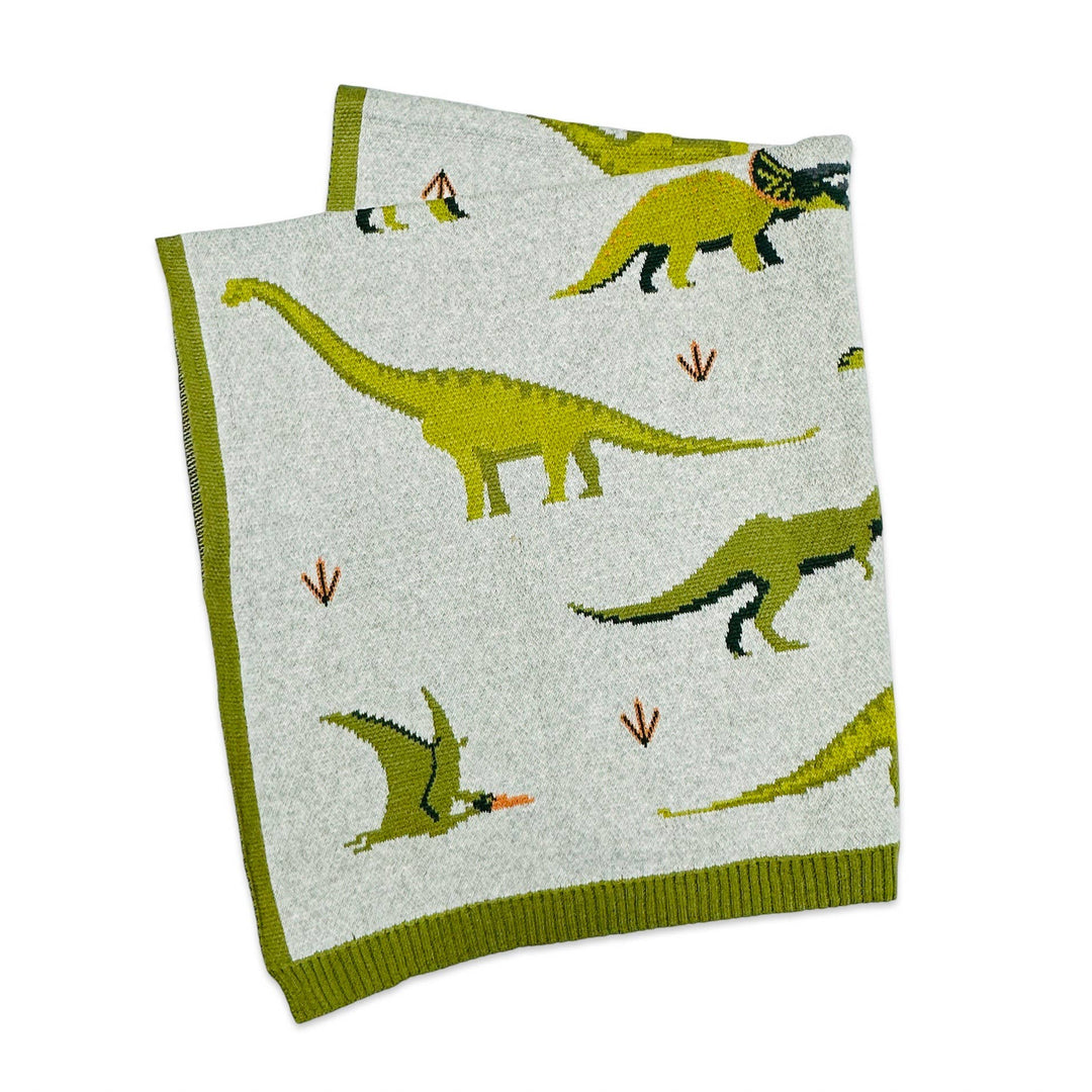 Green Dinosaur - OrganicJacquard Sweater Knit Baby Blanket