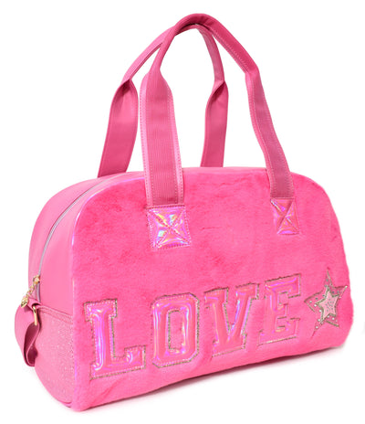 'Love' Hot Pink Plush Medium Duffle Bag