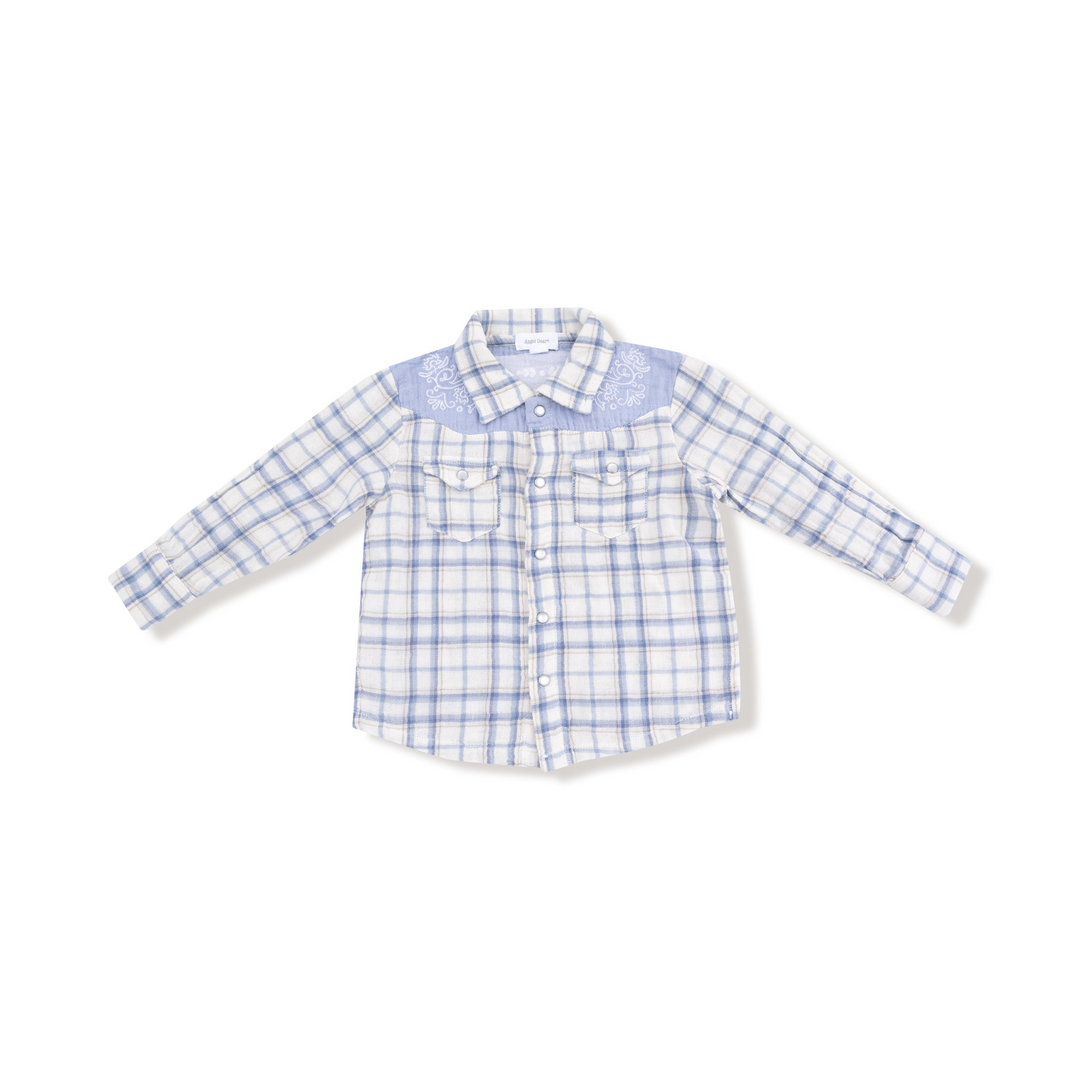 Blue Plaid - Western Pear Snap Shirt with Howdy Embroidery