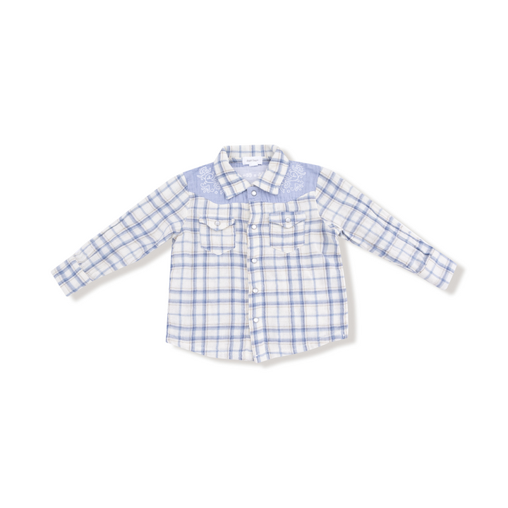 Blue Plaid - Western Pear Snap Shirt with Howdy Embroidery