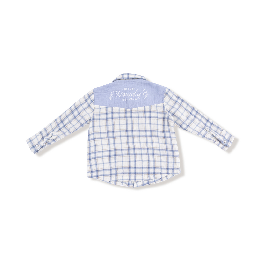 Blue Plaid - Western Pear Snap Shirt with Howdy Embroidery