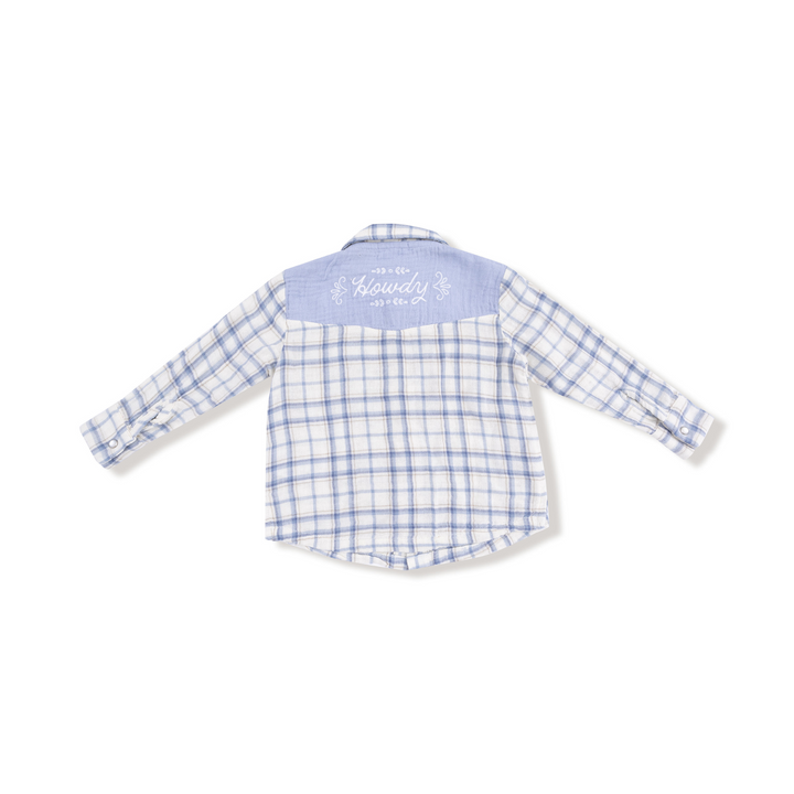 Blue Plaid - Western Pear Snap Shirt with Howdy Embroidery