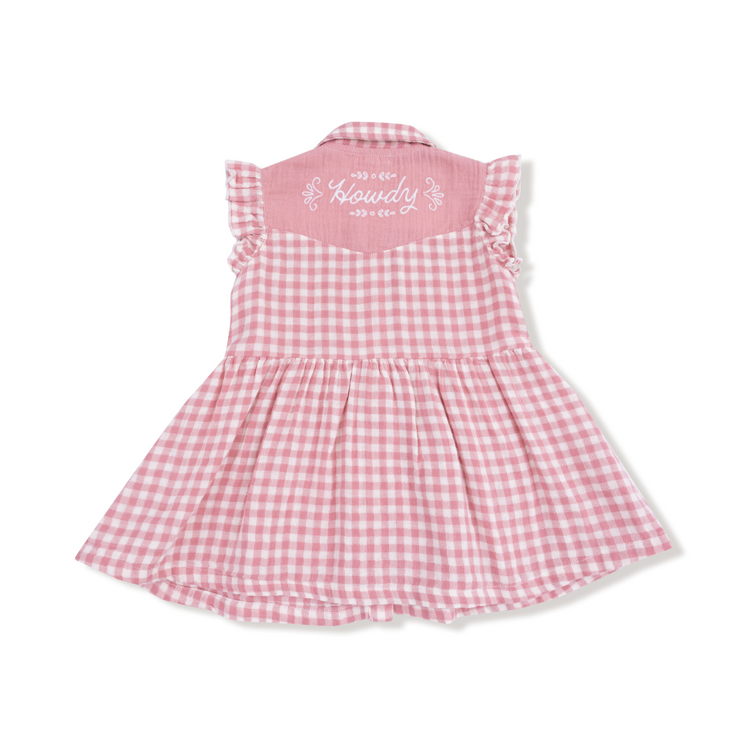 Rose Pink Plaid - Western Pearl Snap Dress with Howdy Embroidery + Diaper Cover