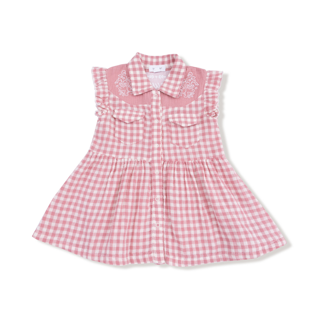 Rose Pink Plaid - Western Pearl Snap Dress with Howdy Embroidery + Diaper Cover