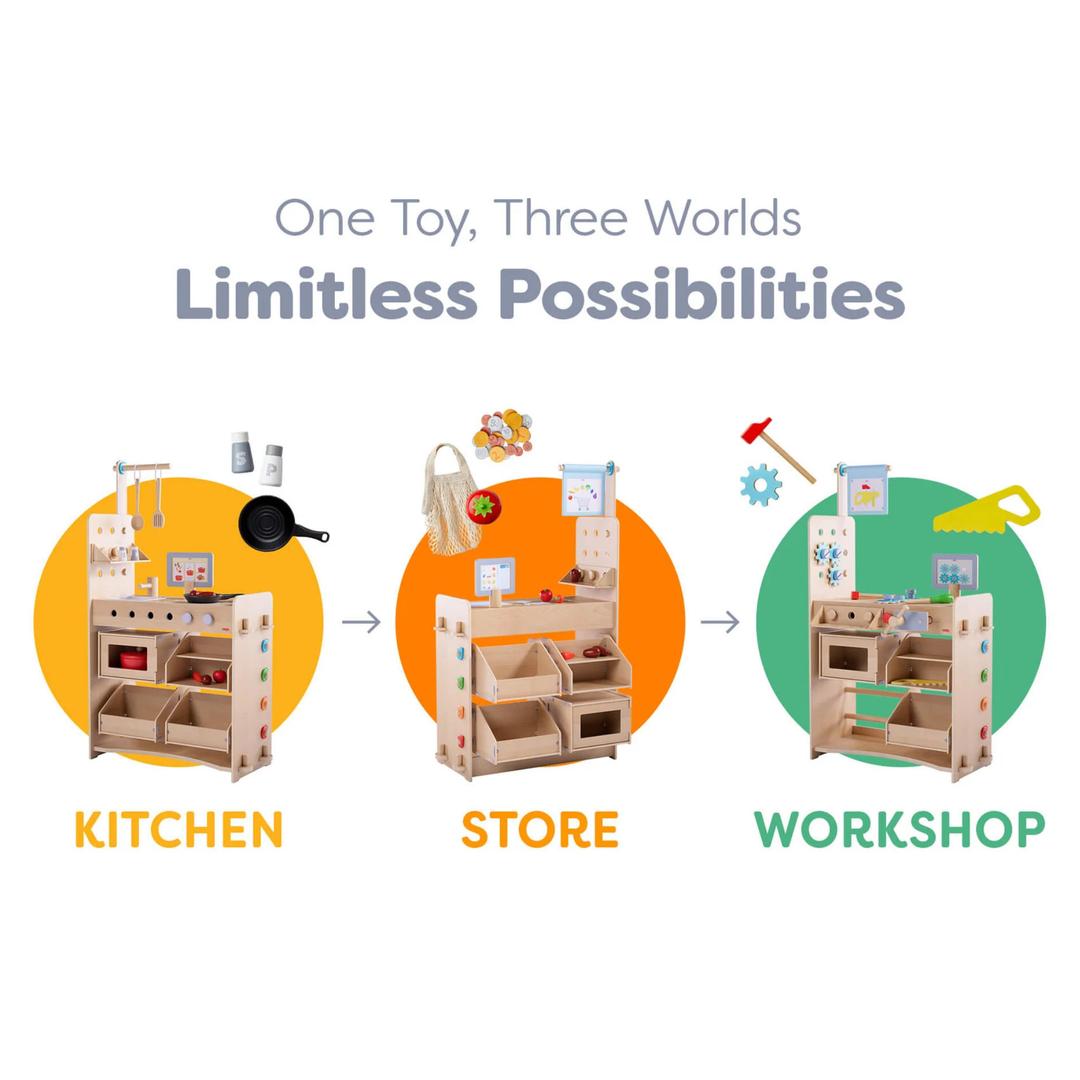 Creative Play 3 in 1 – Play Kitchen, Store & Workshop