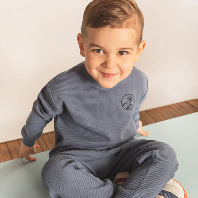 Blue Waffle Knit Embroidered Sweatshirt