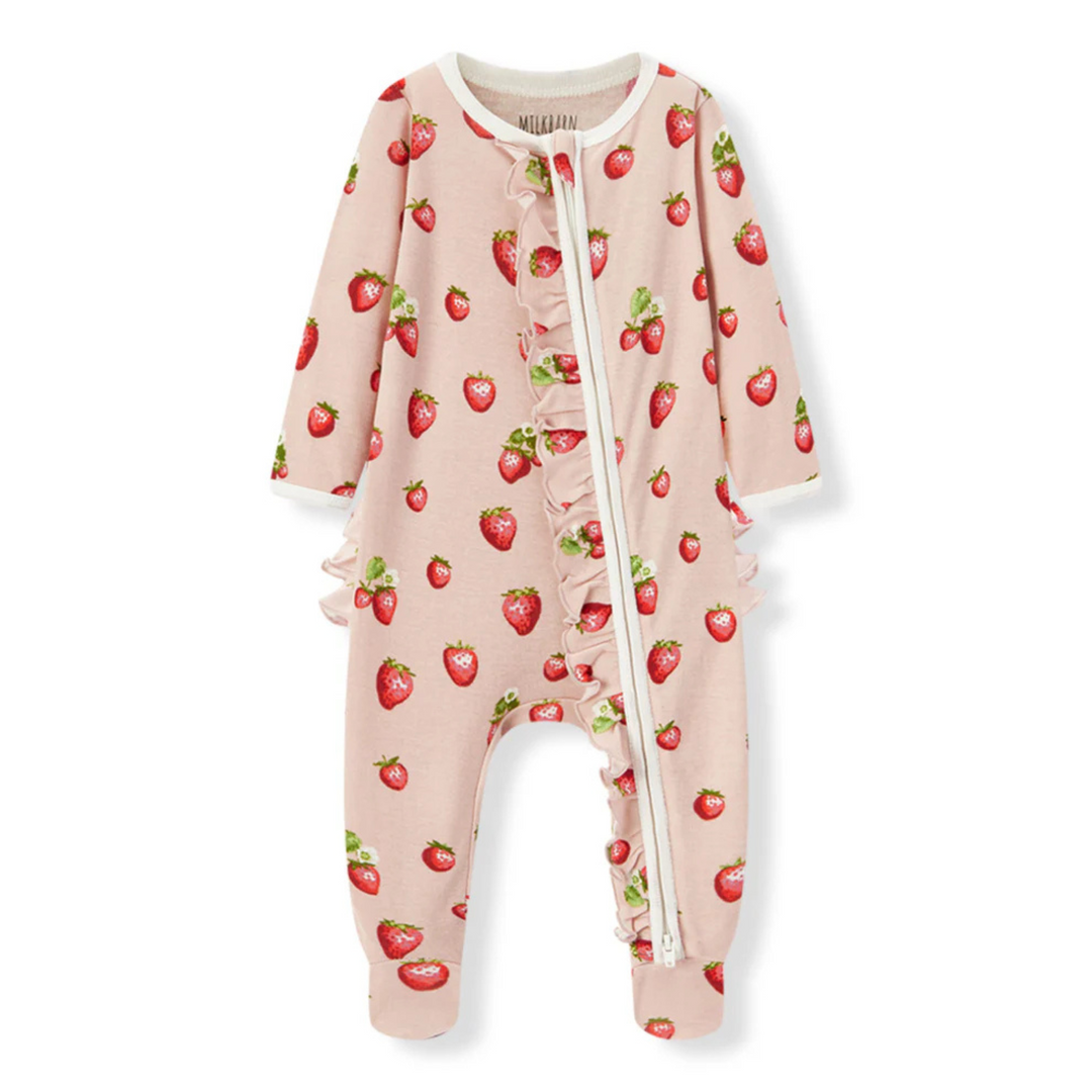 Organic Cotton Ruffle Footed Romper - Strawberry