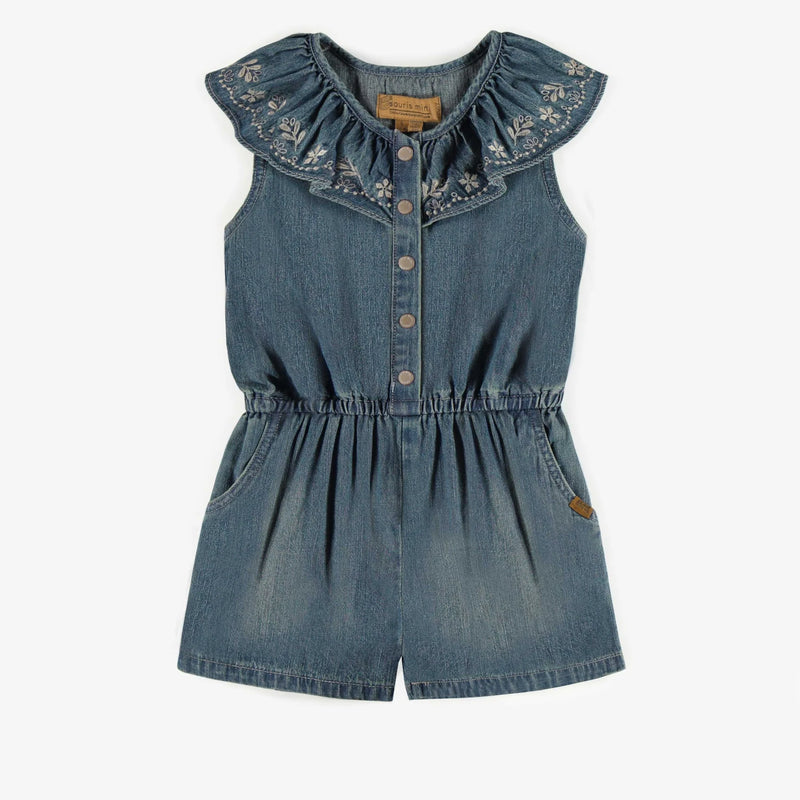 Denim Romper with Flower Embroidery