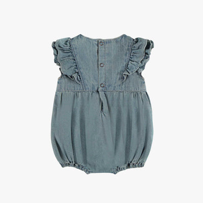 Denim Embroidered Ruffle Bubble Romper