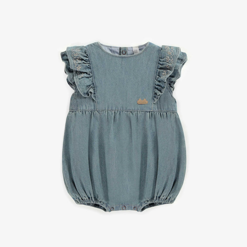 Denim Embroidered Ruffle Bubble Romper