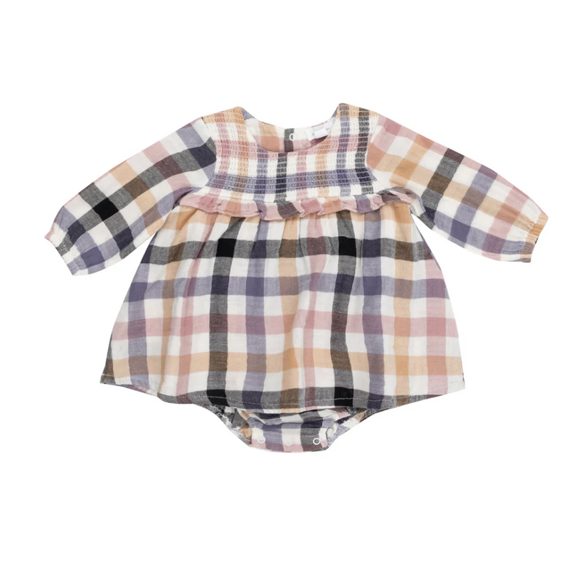 Harvest Plaid - Long Sleeve Smocked Ruffle Bubble w/ Skirt