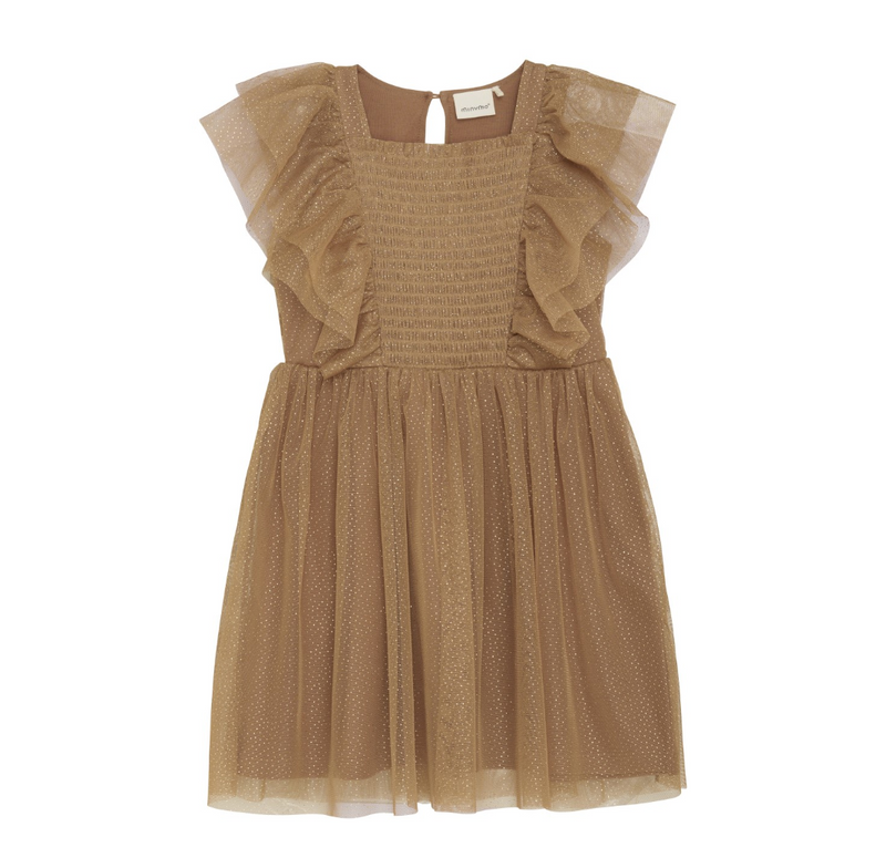 Mesh Ruffle Layer Dress - Brown Glitter