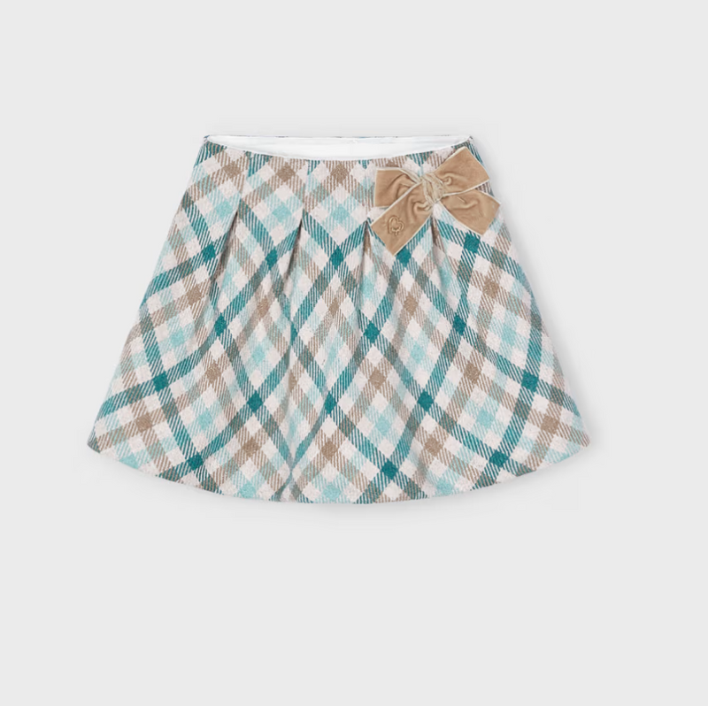 Pleated Plaid Skirt - Teal/Beige