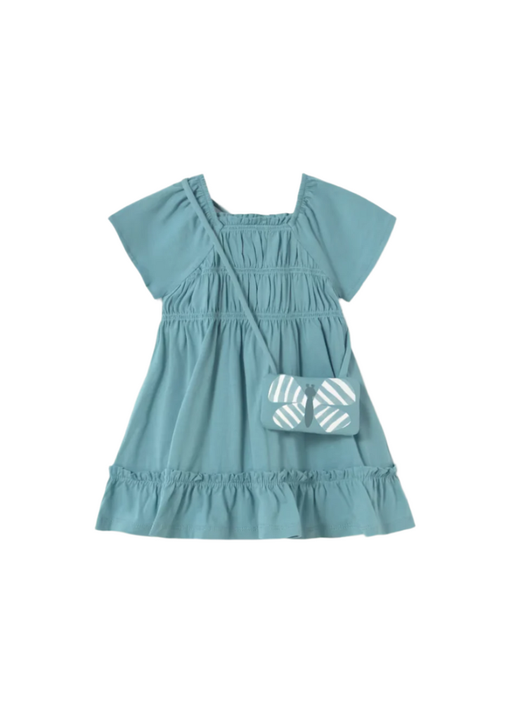 Tiered Short-Sleeve Dress with Bag