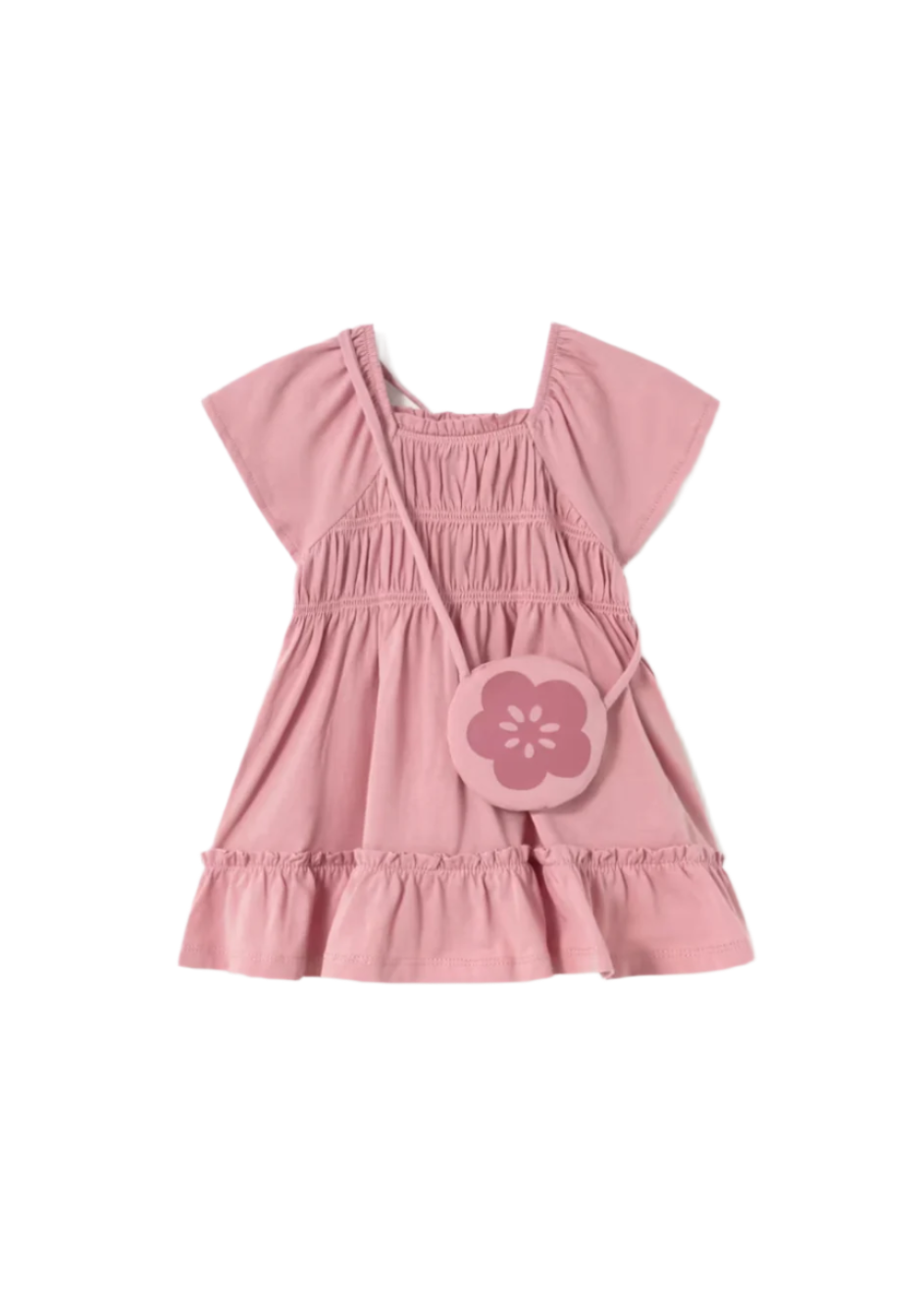 Tiered Short-Sleeve Dress with Bag