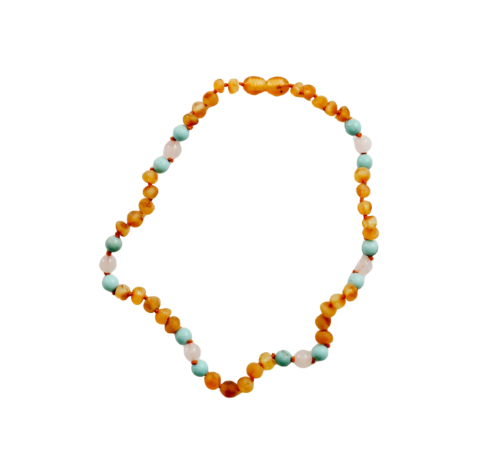 Raw Honey Baltic Amber and Natural Turquoise + Rose Quartz Necklace