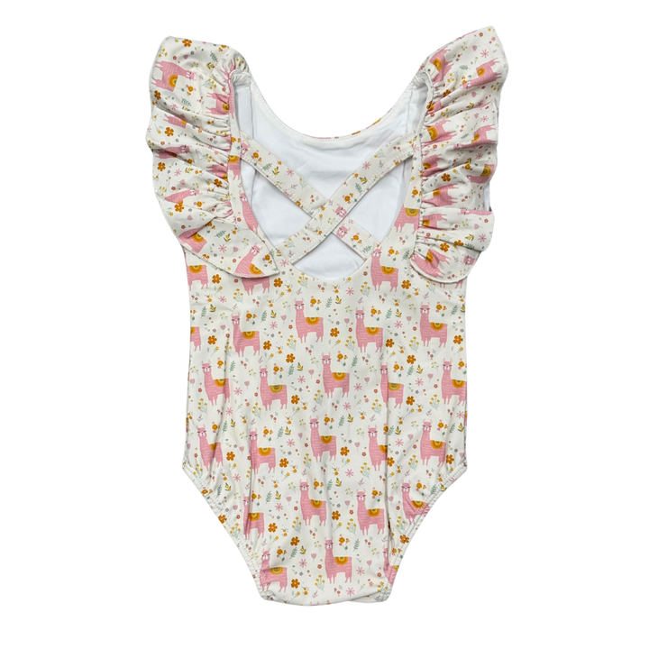 Ruffle Sleeve Cross Back Swimsuit - Llamas