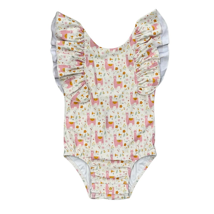 Ruffle Sleeve Cross Back Swimsuit - Llamas
