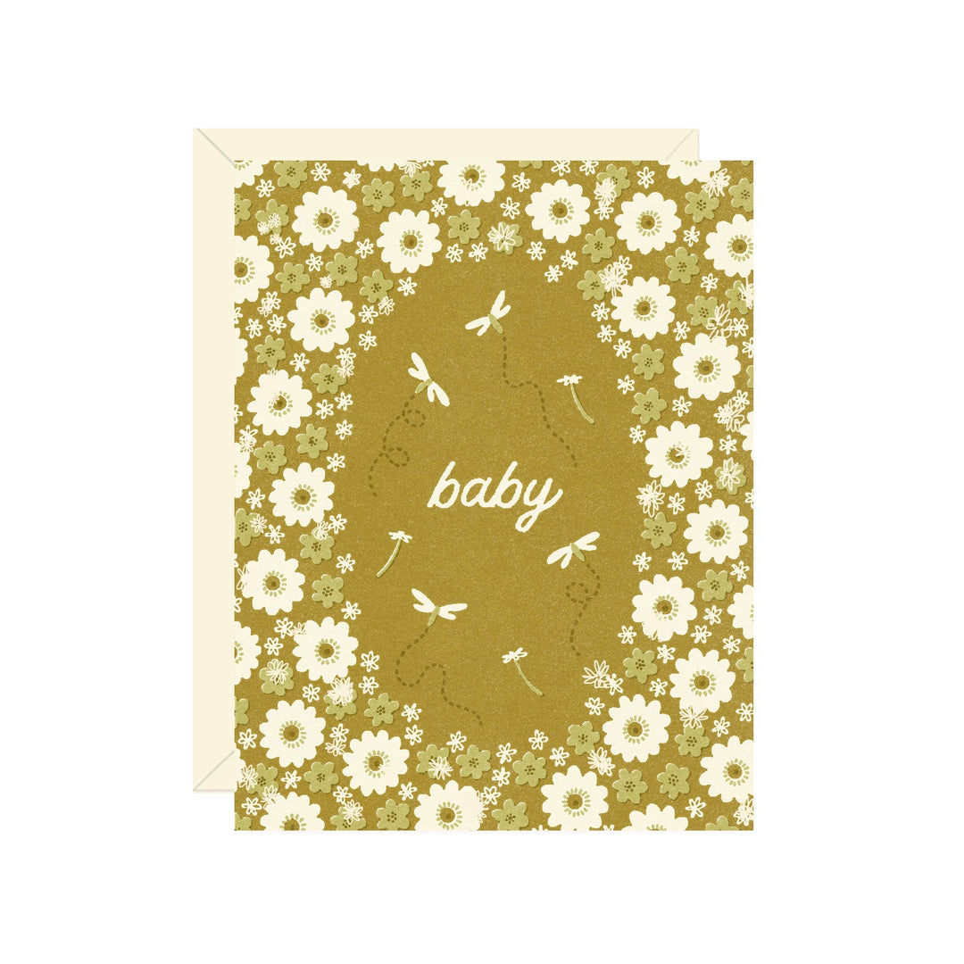 Flowers and Dragonflies Baby Card