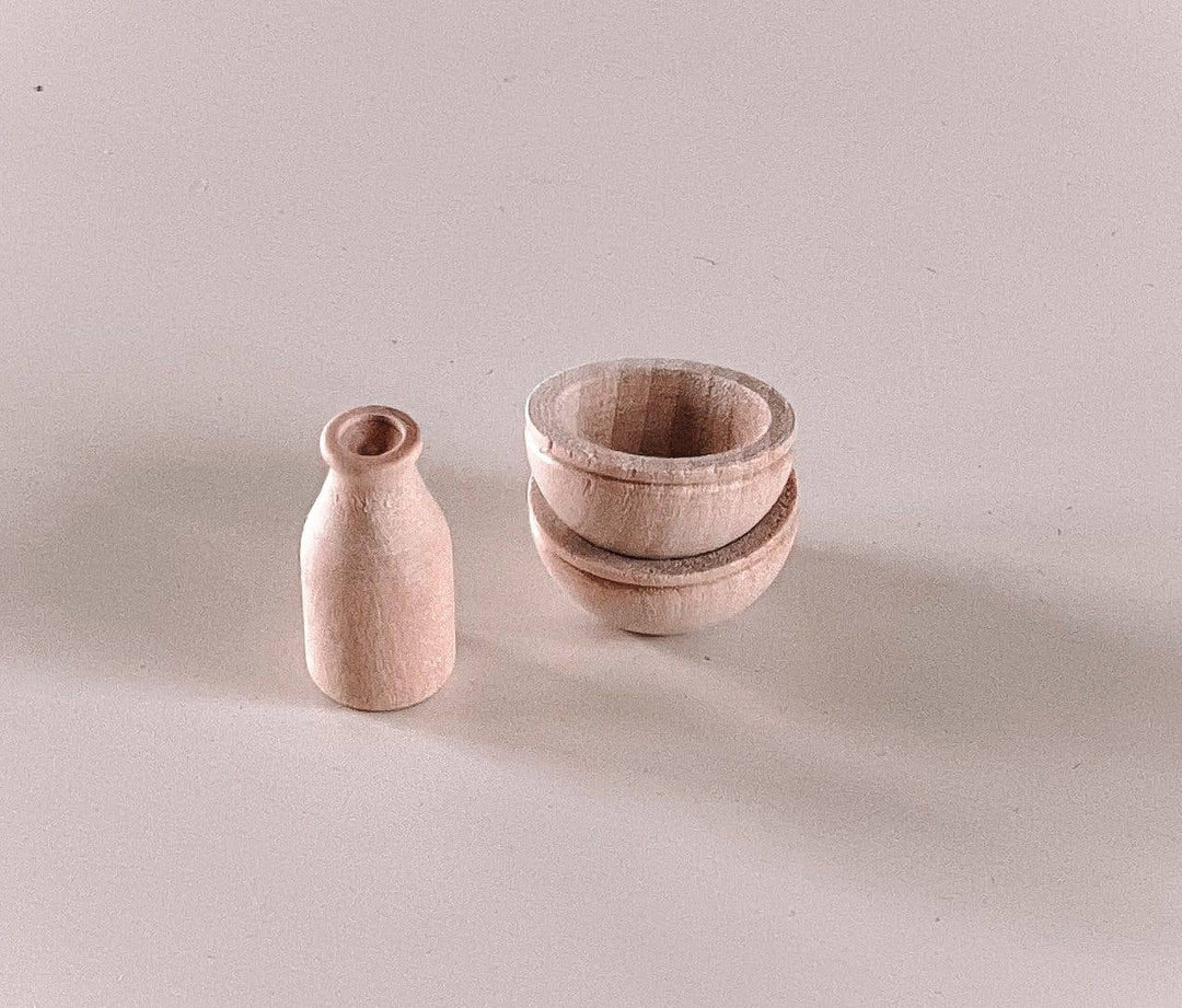 Dollhouse Milk Bottle & Cereal Bowl Set | Natural Wood