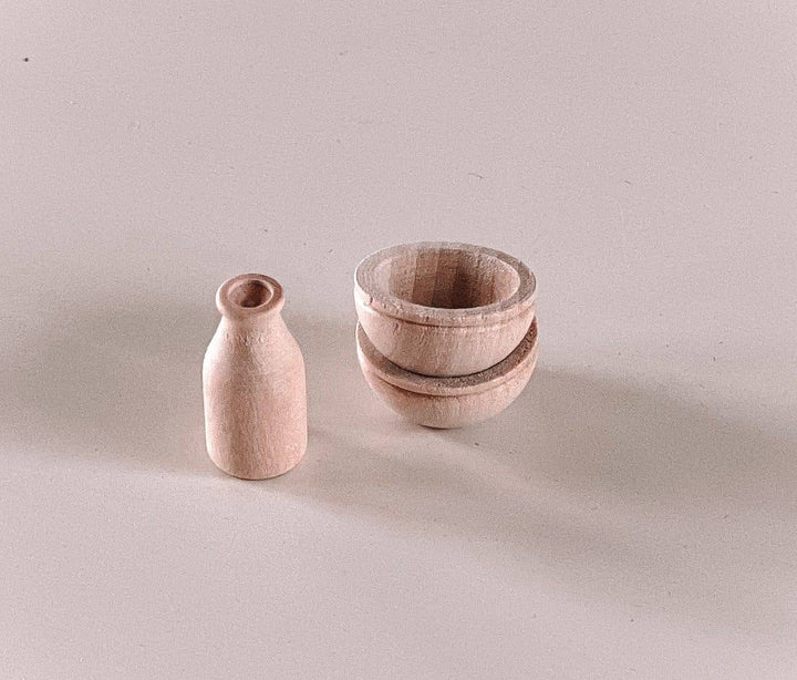 Dollhouse Milk Bottle & Cereal Bowl Set | Natural Wood