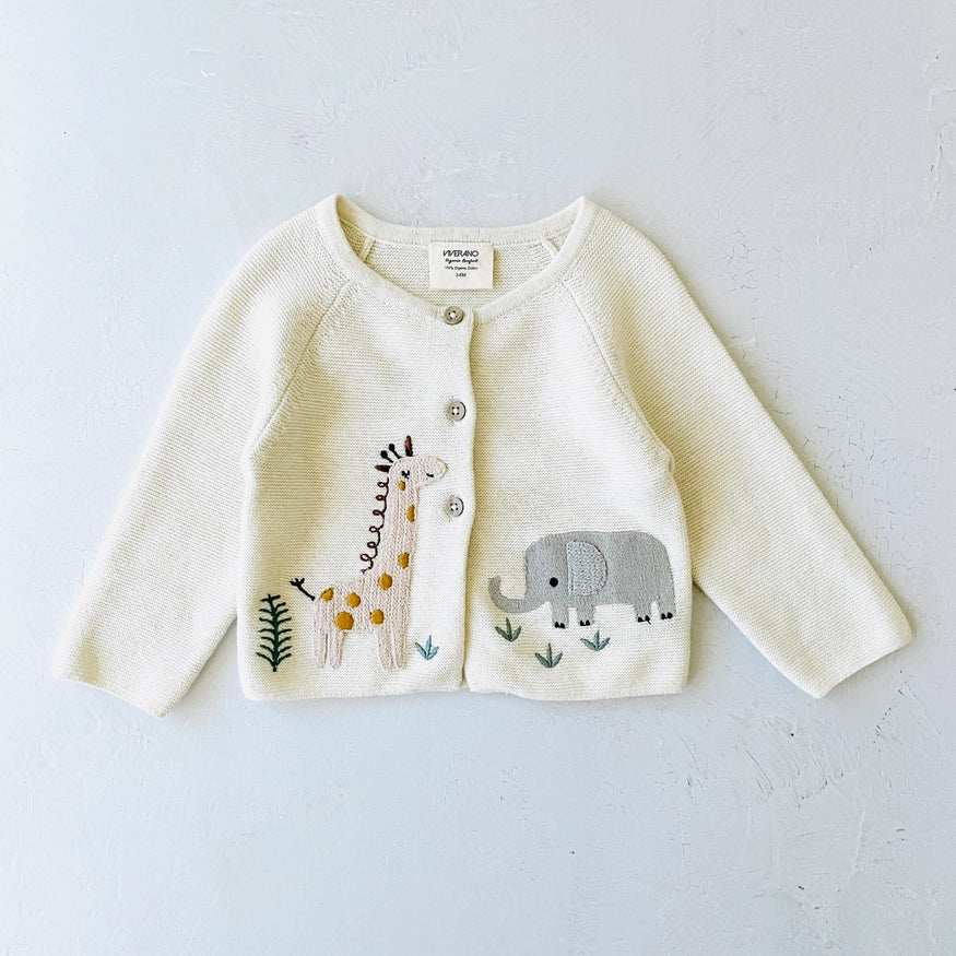Animal Safari Embroidered Cardigan - Heather Grey